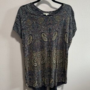 Lucky Brand Black and Cream Paisley Short Sleeve Top